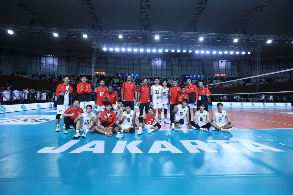 Timnas voli putra Indonesia merayakan kemenangan atas Filipina di SEA V Cup 2026.