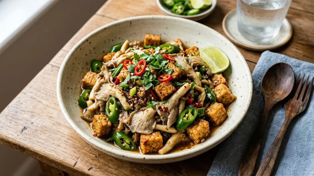 Jamur tiram tumis tempe dan cabai hijau sebagai menu rumahan praktis dan lezat.